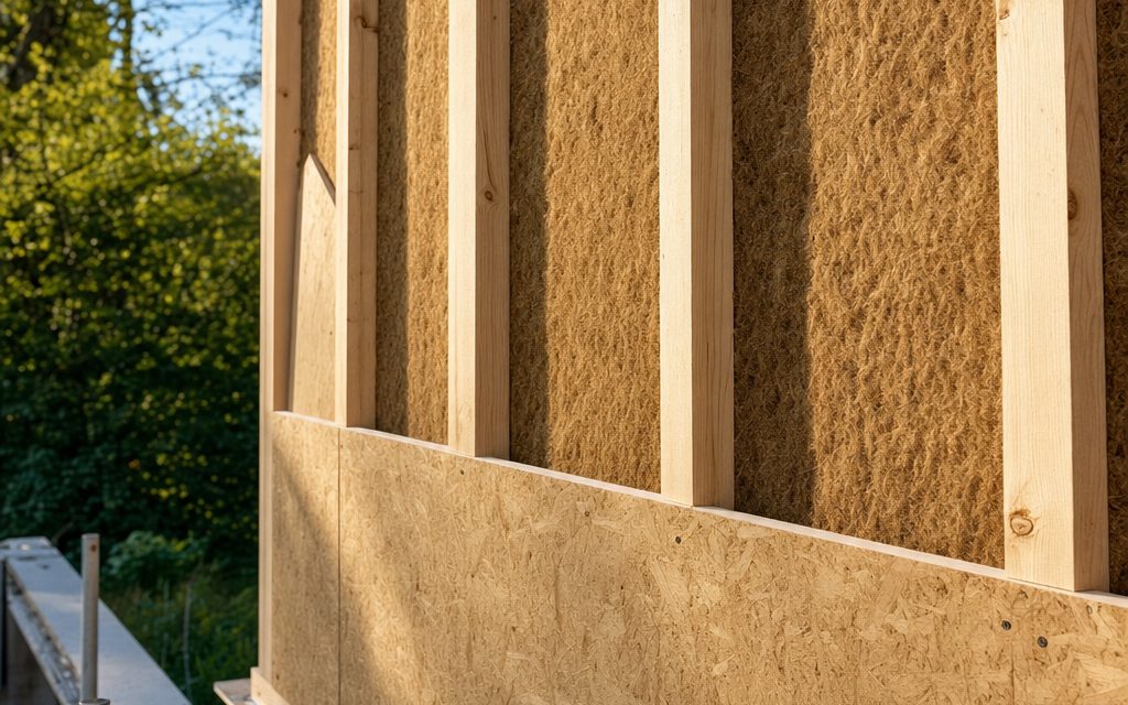 Mur à ossature bois en cours de montage sur chantier