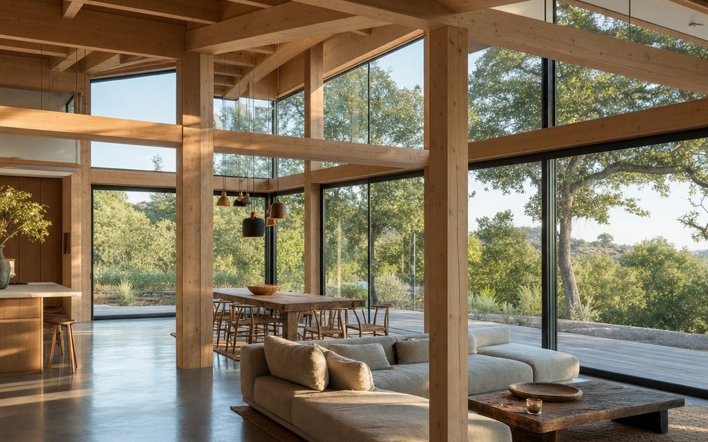 Structure poteau-poutre en lamellé-collé d'une maison bois